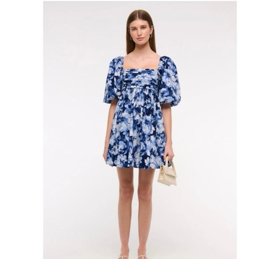 Abercrombie Emerson White Blue Floral Poplin Puff Sleeve Mini Dress LP Game Day